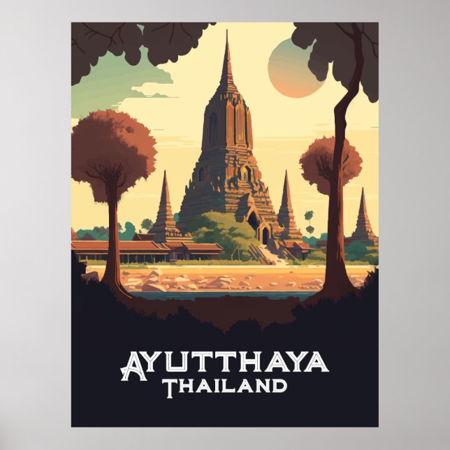 Affiche Temple Ayutthaya Thaïlande coucher de soleil (Devant)