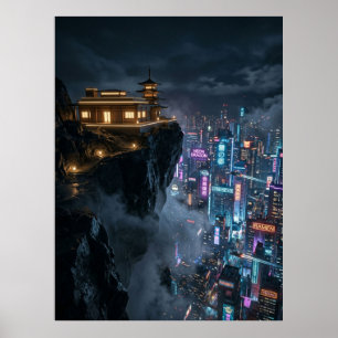 Affiche Temple Cyberpunk au-dessus de la ville néon