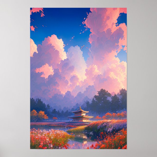 Affiche Temple en bois et fleurs colorées (Devant)