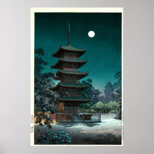 Affiche Temple japonais Asakusa Kinryūzan au clair de lune