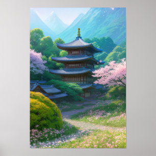 Affiche Temple Japonais Au Milieu De Beaux Paysages