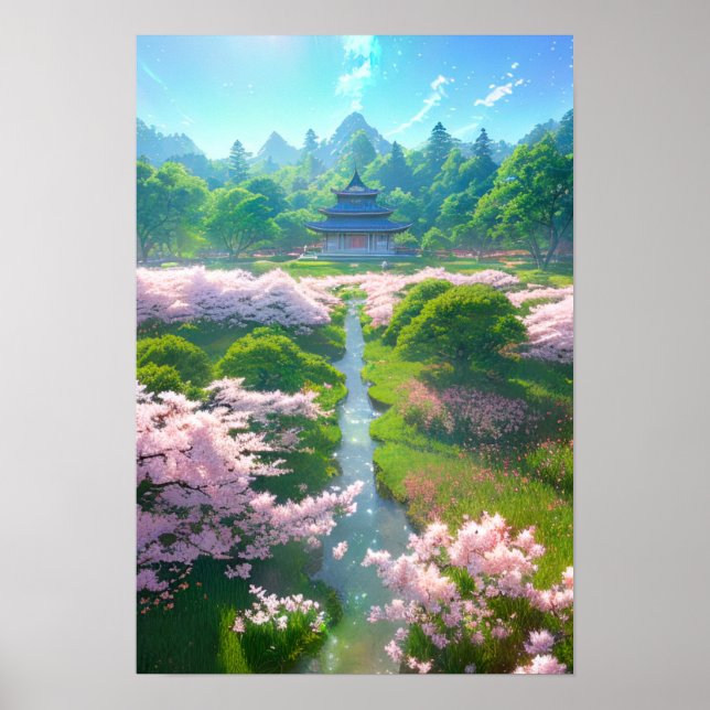 Affiche Temple japonais dans un champ de Sakura (Devant)