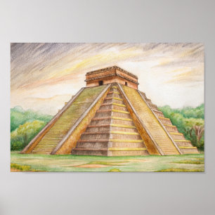 Affiche Temple maya de Chichen Itza au Mexique dessin