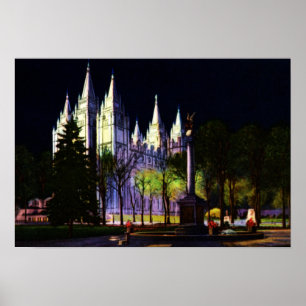 Affiche Temple mormon de Salt Lake City Utah à la nuit