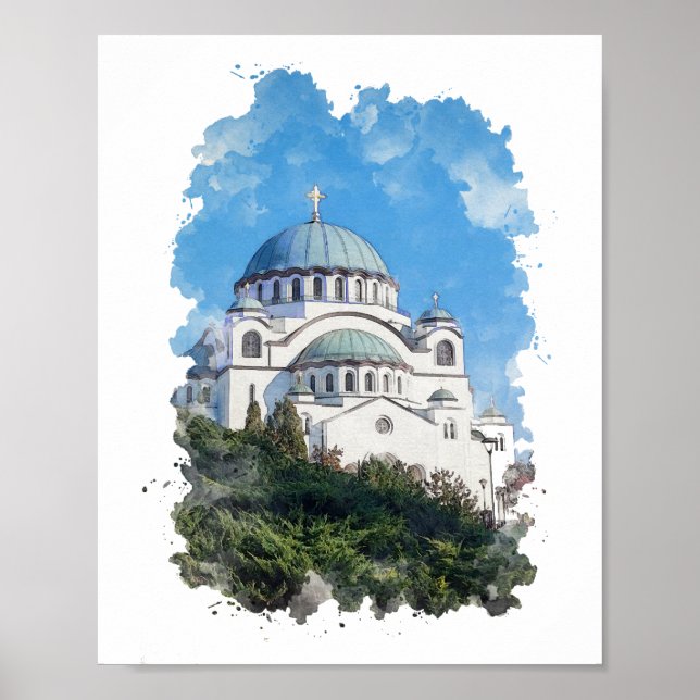 Affiche Temple of Saint Sava Serbia Watercolor Art  (Devant)