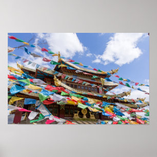 Affiche Temple tibétain avec drapeaux de prière - Yunnan,