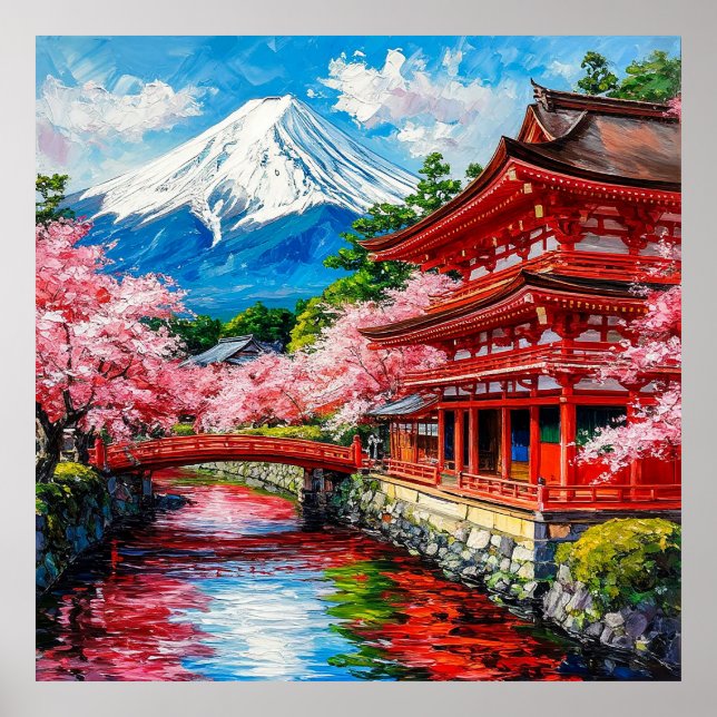 Affiche Temple traditionnel japonais avec floraisons de ce (Devant)
