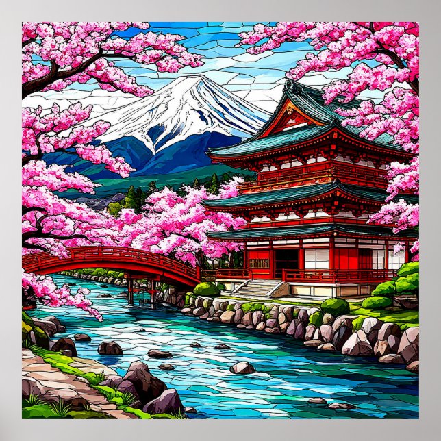 Affiche Temple traditionnel japonais et pont (Devant)