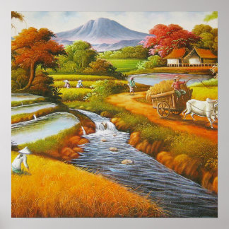 Affiche Temps de récolte : Un paysage rural avec une monta