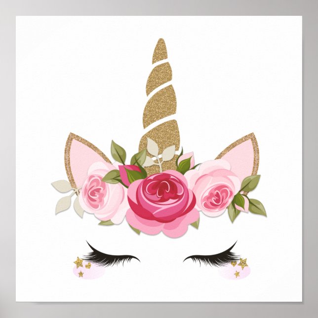 Affiche tendance mignonne licorne dorée florale (Devant)