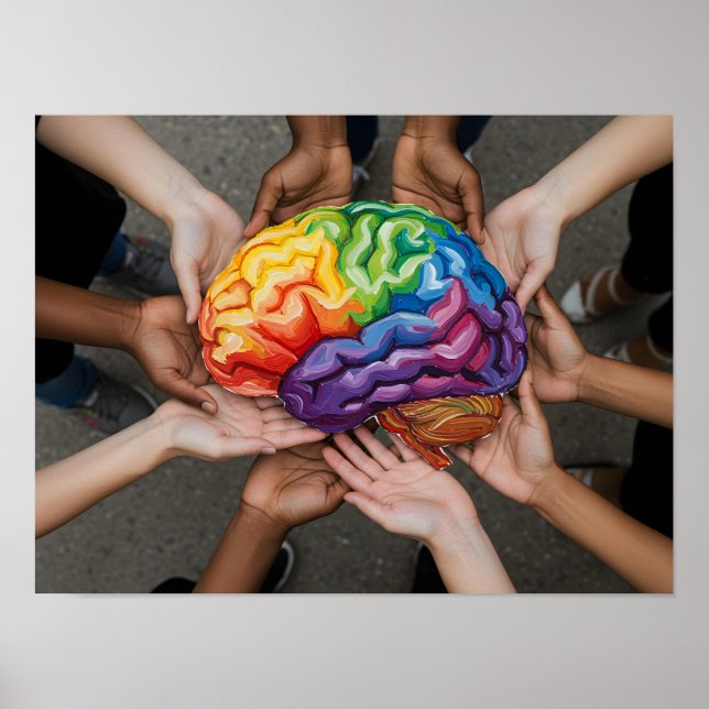 Affiche Tenir les mains Rainbow Cerveau Autisme Neurodiver (Devant)