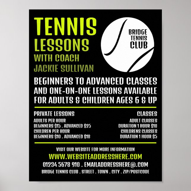 Affiche Tennis Ball Design, Tennis Leçons/Classes Advert (Devant)