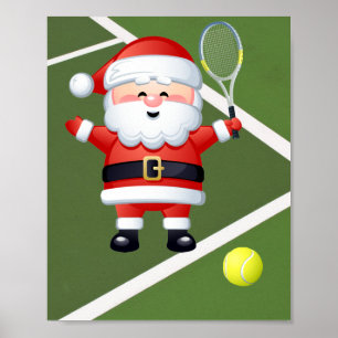 Affiche Tennis Santa Claus avec raquette et bal de Noël