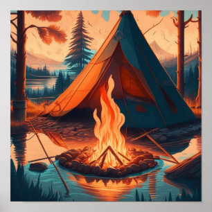 Affiche Tente et feu de camp Couleurs Vintages Art