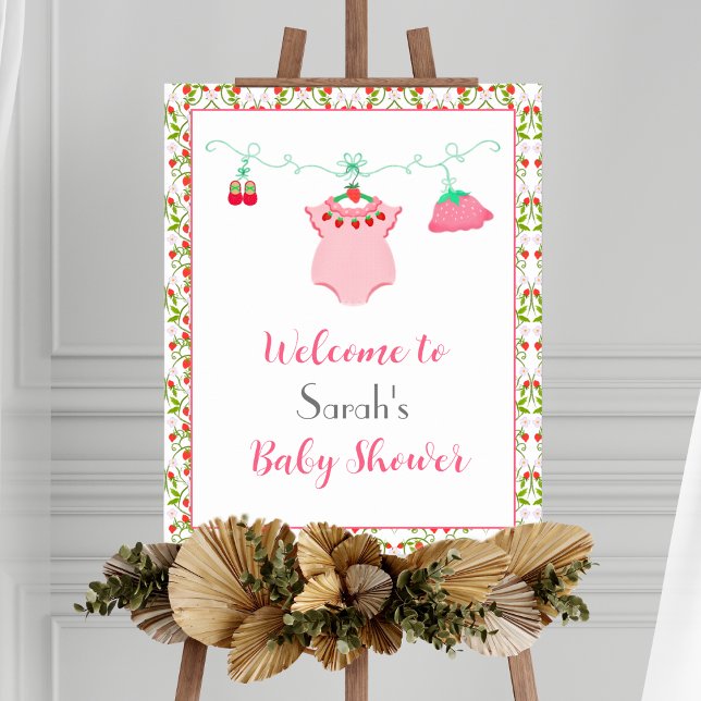 Affiche Tenue de bébé à la fraise avec motif Bienvenue béb (Welcome your guest with this Strawberry Baby Outfit Poster, Patterned Perfection Awaits!)