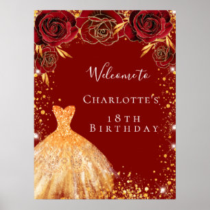 Affiche Tenue de fête d'anniversaire rouge or floral bienv