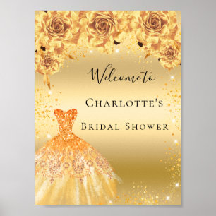 Affiche Tenue de mariage paillettes dorées fleurs bienvenu