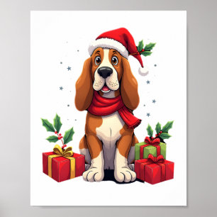 Affiche Tenues de Noël drôles de chien Basset Hound Chapea