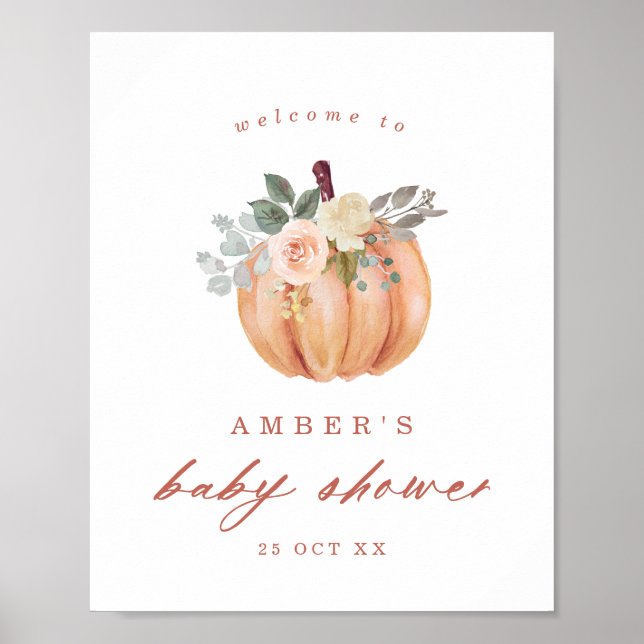 Affiche Terracotta Citrouille et Rose Baby shower Bienvenu (Devant)