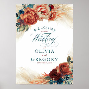 Affiche Terracotta et Turquoise Blue Floral Mariage Accuei