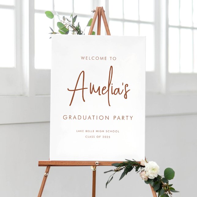 Affiche Terracotta Handwriting Graduation Party Bienvenue (Customizable boho graduation party welcome sign featuring terracotta handwriting. )