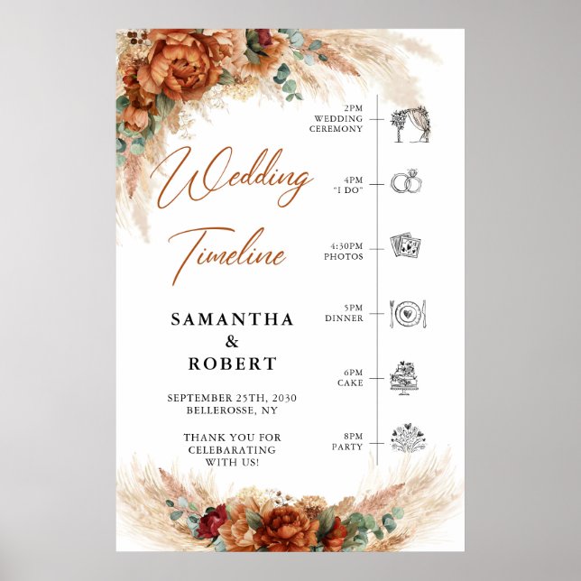 Affiche Terracotta pampas burgundy flower wedding Timeline (Devant)