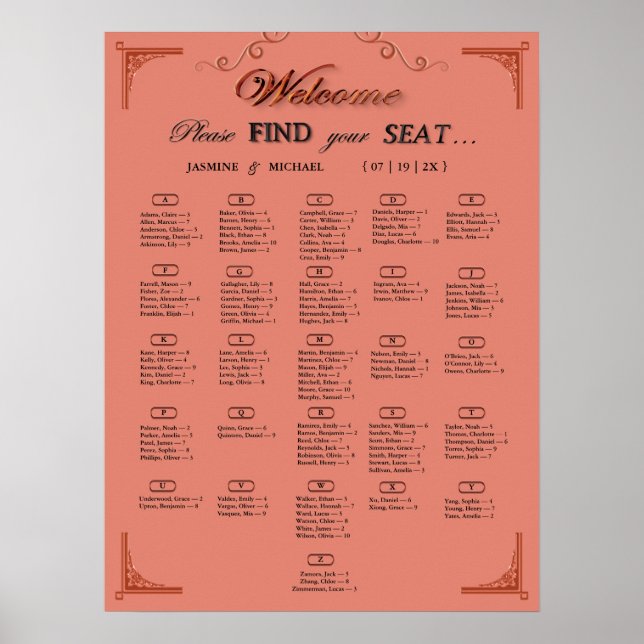 Affiche Terracotta Rust Alphabetical Wedding Seating Chart (Devant)