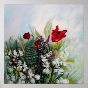 Affiche Terrain de fleurs printanières avec des coquelicot