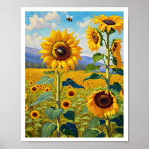 Affiche Terrain de tournesol avec abeilles occupées Art 8x