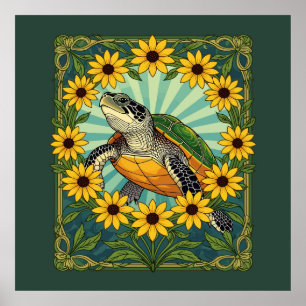 Affiche Terrapin Et Fleurs De Susan Aux Yeux Noirs Art Nou