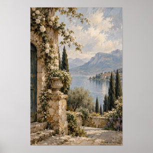 Affiche Terrasse en pierre au bord du lac avec roses blanc