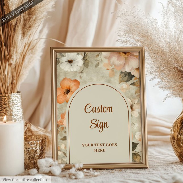 Affiche Terre Cuite Rustique Fleurs d'Ivoire Bienvenue Per (Rustic Terra Cotta Ivory Floral Custom Party Welcome Sign)