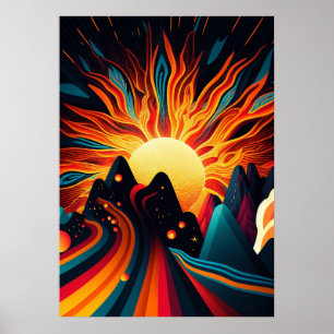 Affiche Terre futuriste et soleil Line Art Rétro 3