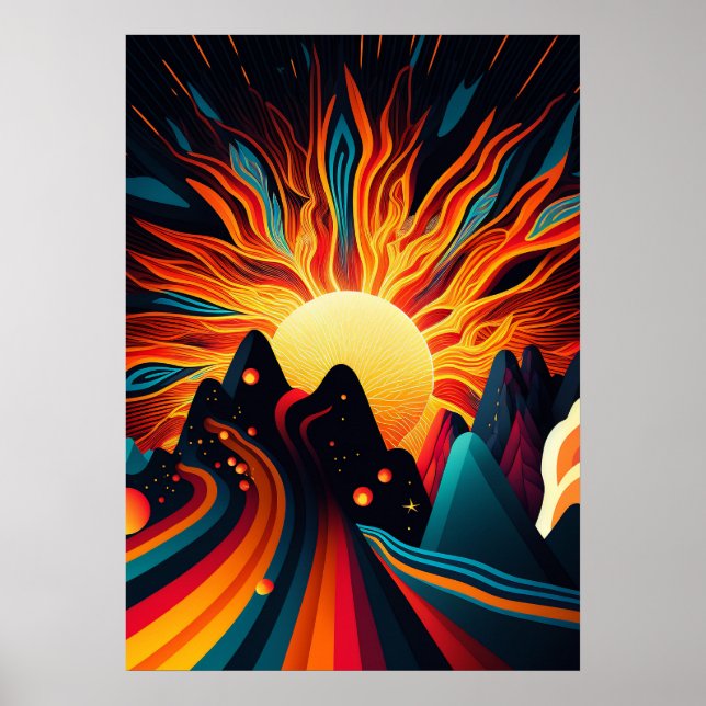 Affiche Terre futuriste et soleil Line Art Rétro 3 (Devant)