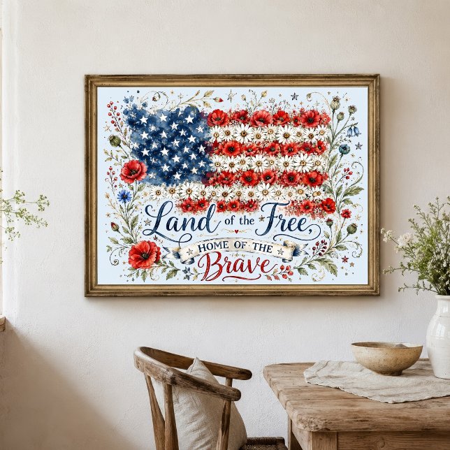 Affiche Terre Patriotique De Libre Maison De Drapeau Flora (Patriotic Watercolor Florals American Flag Land of Free, Home of the Brave Wall Art Poster)