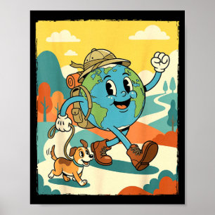 Affiche Terre souriante randonnée avec chien rétro dessin