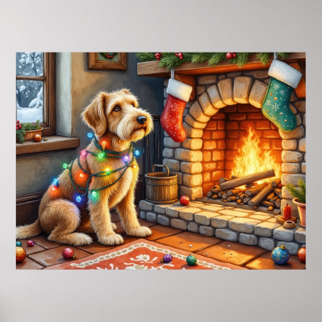 Affiche Térrier Airedale Cheminée Lumières de Noël (Devant)