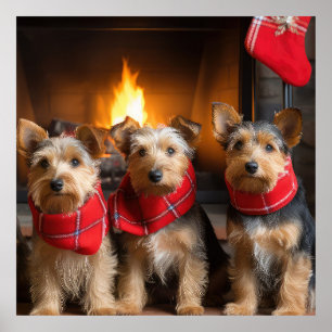 Affiche Terrier Australien au coin de la cheminée Noël
