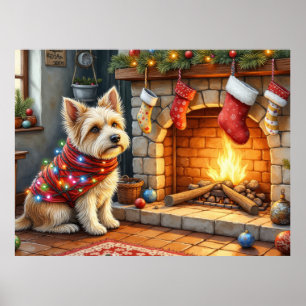 Affiche Terrier Cairn assis devant une cheminée avec des l