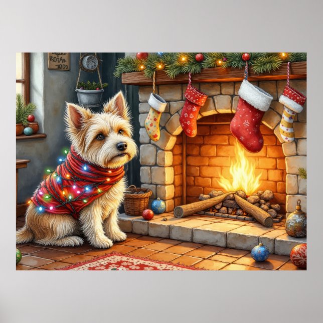 Affiche Terrier Cairn assis devant une cheminée avec des l (Devant)
