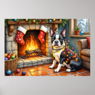 Affiche Térrier de Boston cheminée avec lumières de Noël