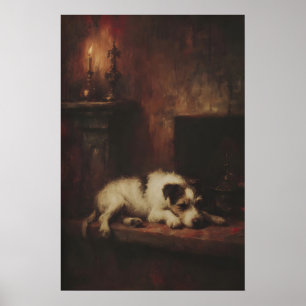 Affiche Terrier de chien dormant près de la cheminée, goth