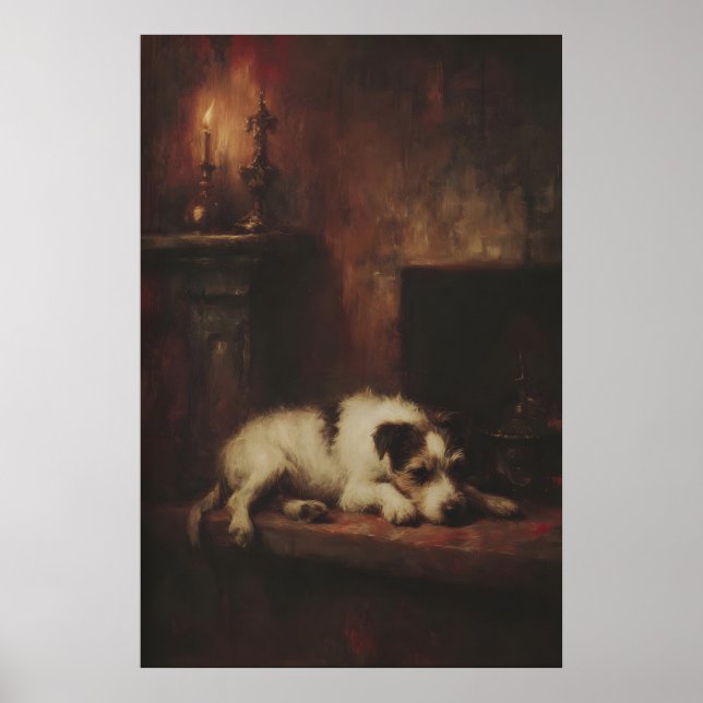 Affiche Terrier de chien dormant près de la cheminée, goth (Devant)