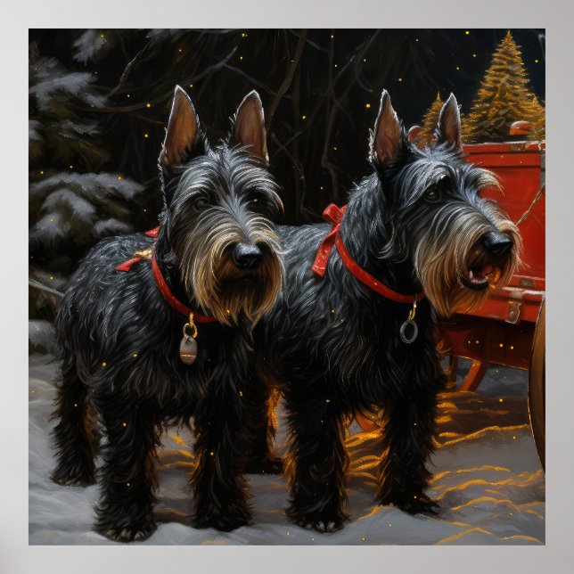 Affiche Térrier Écossais Traîneau de Neige Décor de Noël  (Devant)