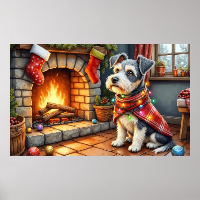Affiche Terrier Tchèque Cheminée avec Lumières de Noël (Devant)