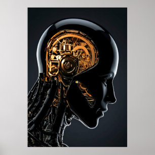 Affiche Tête de cyborg noir cerveau mécanique doré futuris