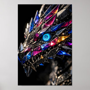 Affiche Tête de dragon cristal mécanique fantasy colorée