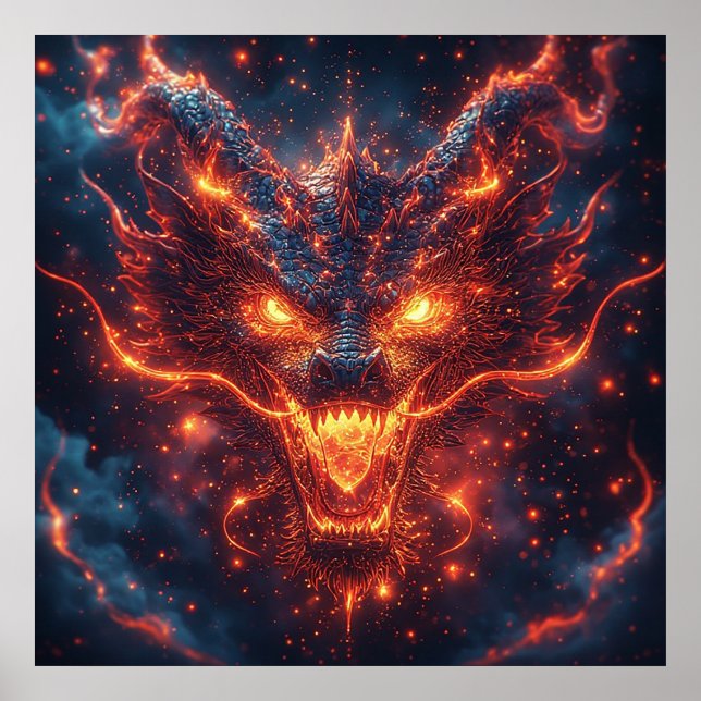 Affiche Tête de dragon de feu rayonnant énergie intense (Devant)