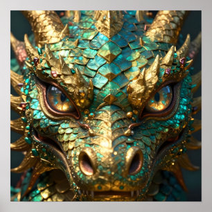 Affiche Tête de dragon turquoise et or