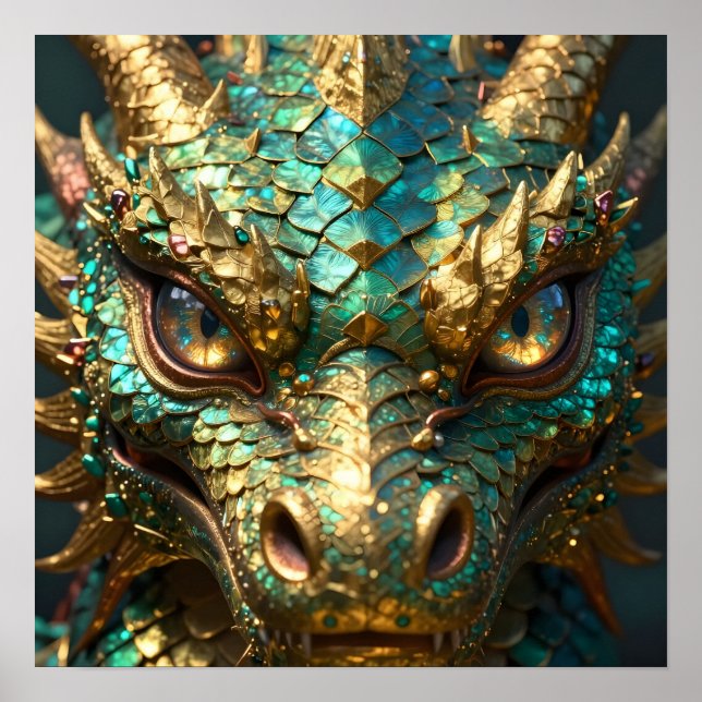 Affiche Tête de dragon turquoise et or (Devant)